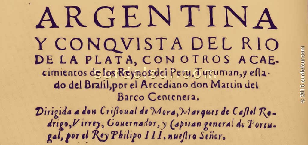Portada de el libro "Argentina y conquista del Río de la Plata"[Portada, Detalle]. Editor Pedro Craesbeeck, 1603. Lisboa, Portugal. Barco Centenera, Martin (Clérigo, inquisidor)). (1535-1605). 