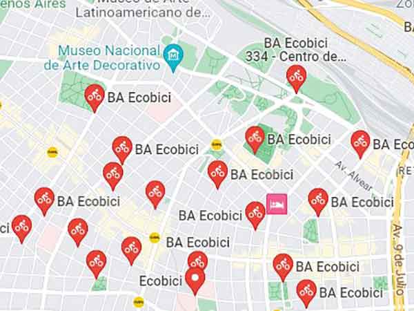 Mapa de Recoleta con las paradas de Ecobici
