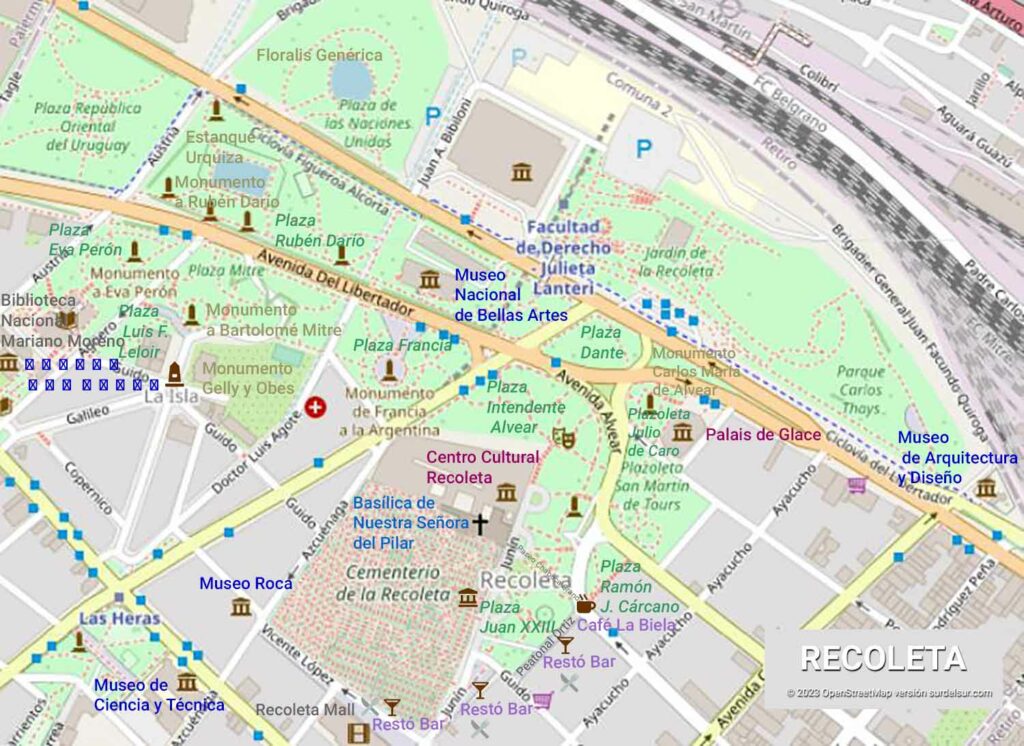 Mapa de Recoleta con los atractivos turísticos del paseo por los parques