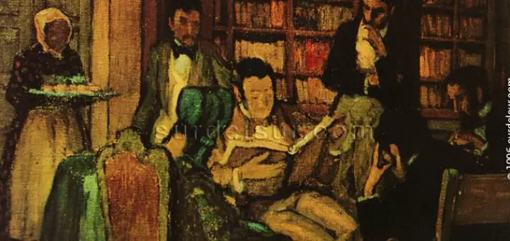 Argentine Literature History: The Marcos Sastre Hall. Oil by Alberto M. Rossi. Miguel Ángel Moretón Collection Detail