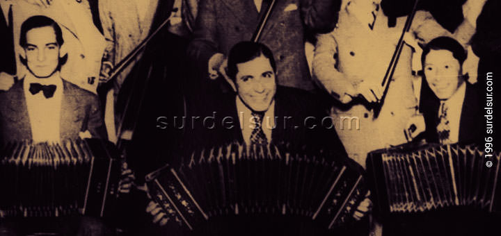 Carlos Gardel playing the bandoneon, together with other members of the orchestra.