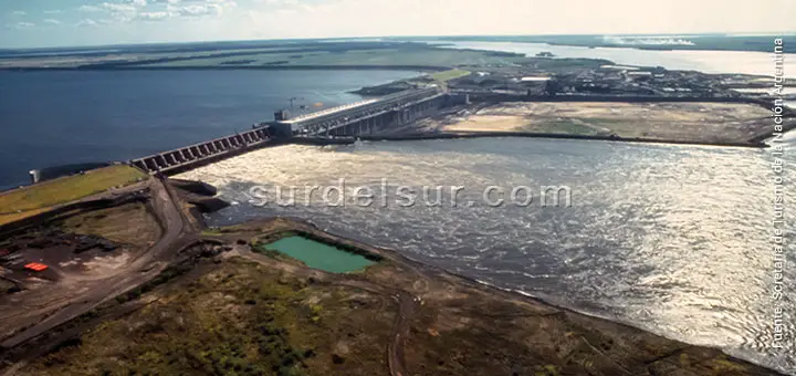 Aerial view of the Yacyreta Hydroelectric Dam on the Parana river. Corrientes