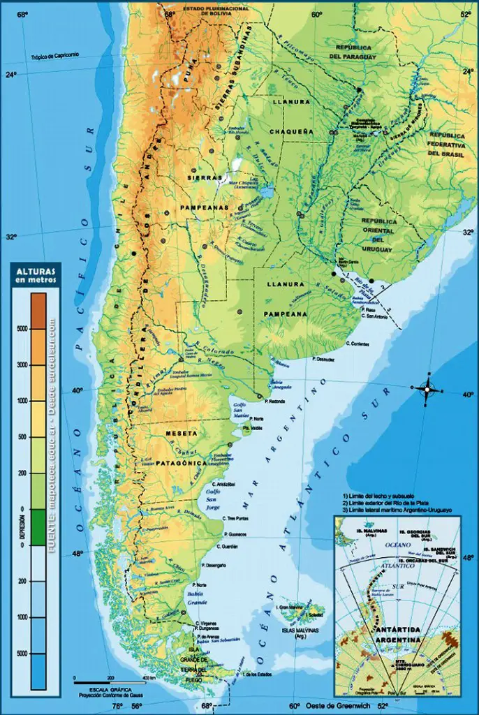 Alti-bathymetric physical map of Argentina.  It has the altimetry of mountain areas an the bathymetry of depressions, including submerged areas. The different heights and depressions are defined by color 