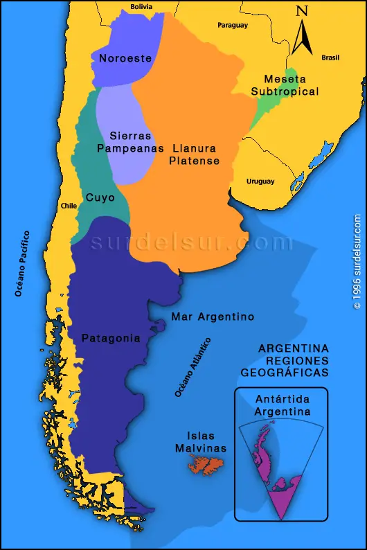 Argentina map of the 8 geographic regions marked with different colours.