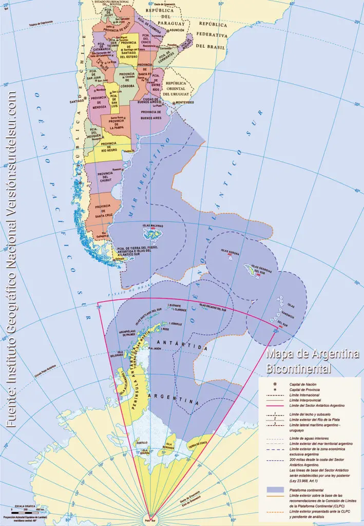 Argentina political bicontinental map official version according to the Law 26.651 of 10/20/10. 