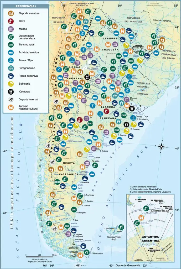 Argentina tourist map with tourist activities