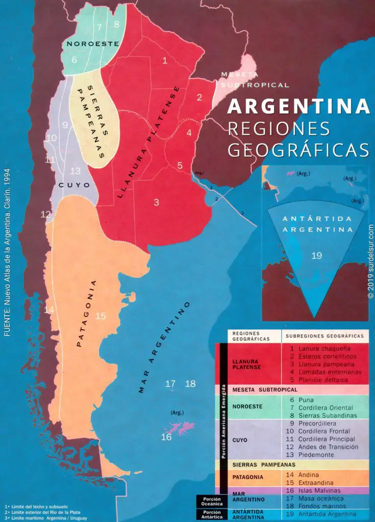 Argentina map of the 8 geographic regions with 19 subregions marked with different colours.