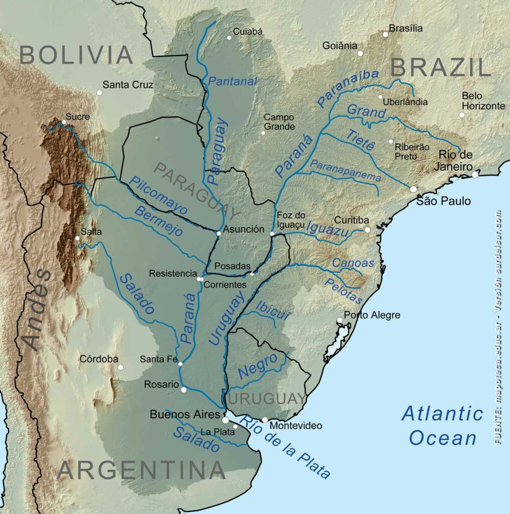 Map showing the Plata Basin the location in Argentine territory. Río de la Plata, its tributaries, and the mouth of the Río de la Plata into the Atlantic Ocean