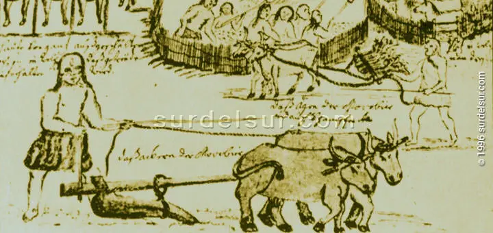 Pintura argentina colonial: Faenas agrícolas en las reducciones mocovíes. Detalle. Florián Paucke