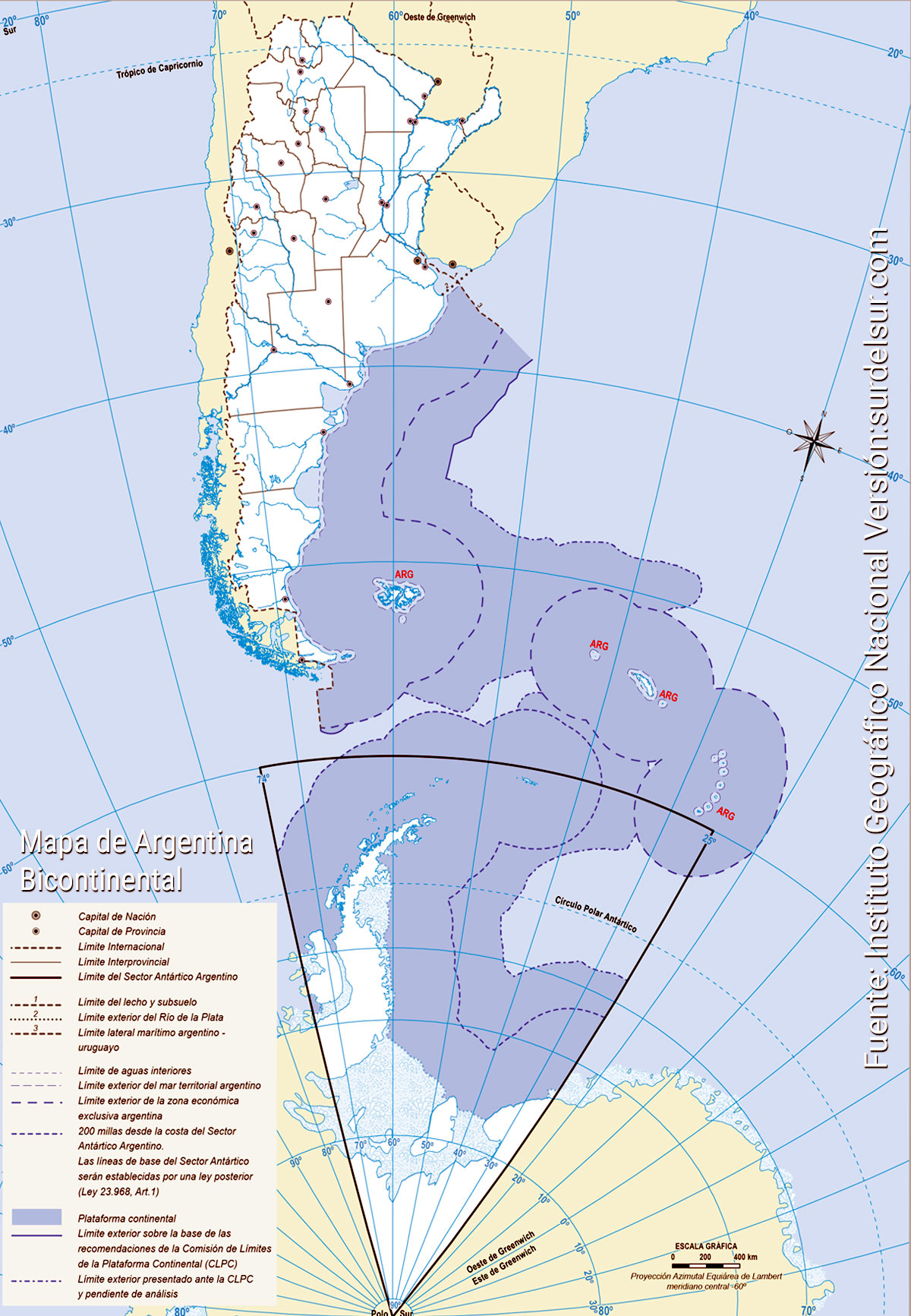 Mapa de la República Argentina bicontinental, con división política en provincias con sus capitales. Mudo. Espacio continental americano y antártico, el espacio insular y marítimo, todo en la misma escala.
