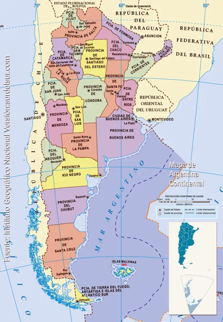 Mapa de la República  Argentina con las provincias. Político. Porción continental americana. Nombre de cada provincia y su capital. Países limítrofes