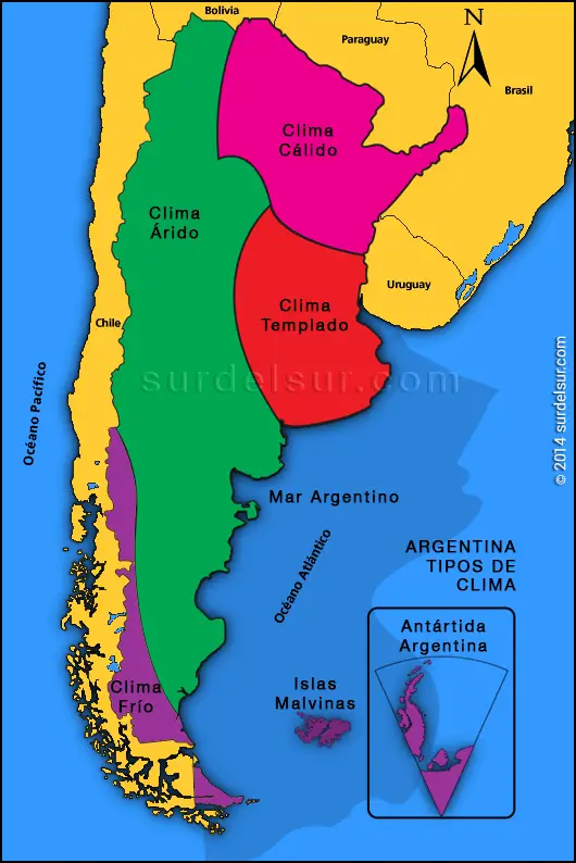 Mapa de Argentina de tipos de climas, identificados por color