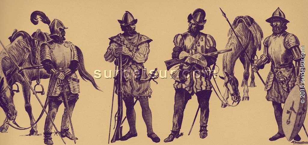 Soldados de la conquista. Siglo XVI. Soldados con sus trajes y armas