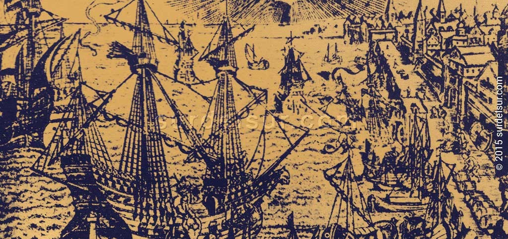 Puerto de Europa. Grabado. Detalle. Relato de Ulrico Schmidl (1599), por Hulsius Levinus (Editor) (1546-1606) . Nuremberg.