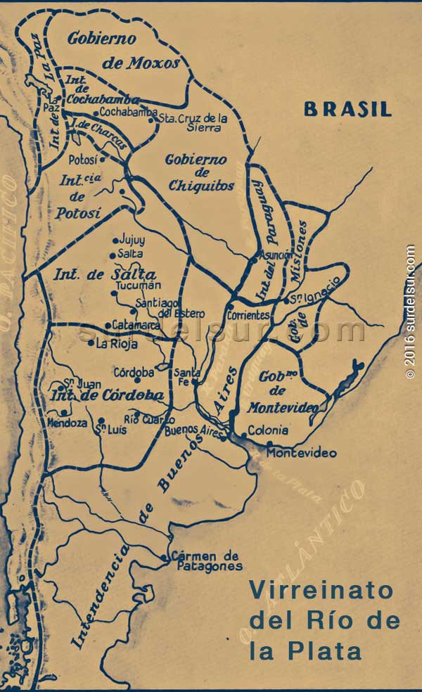 Mapa del Virreinato del Río de la Plata, con sus Intendencias.