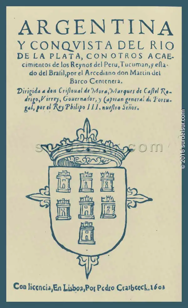 Origen del nombre Argentina en la portada del poema en verso de Martín del Barco Centenera