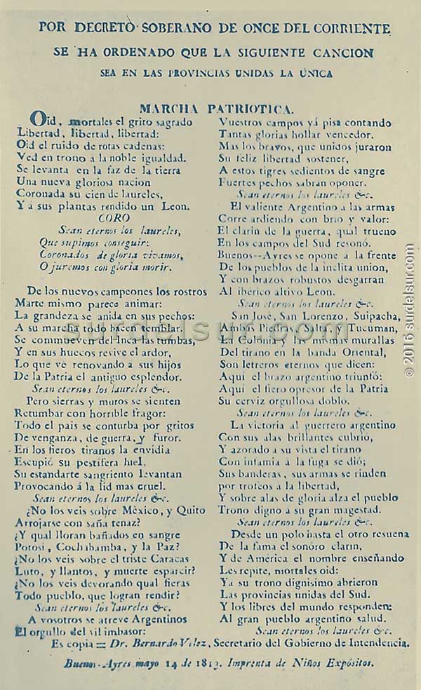 Texto completo de la Marcha Patriótica por la imprenta de Niños Expósitos. Buenos Aires, mayo 14 de 1812
