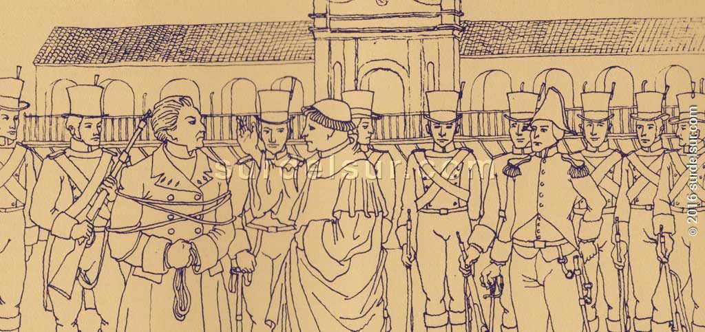 Martín de Álzaga fue fusilado y colgado en la Plaza de la Victoria, el 6 de julio de 1812, en Buenos Aires.. Ejecución de Álzaga, frente al cabildo