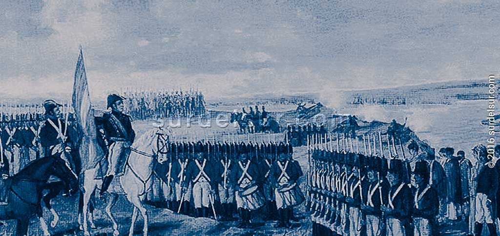 Belgrano y su tropa izando la bandera frente al Paraná. Oleo. detalle.