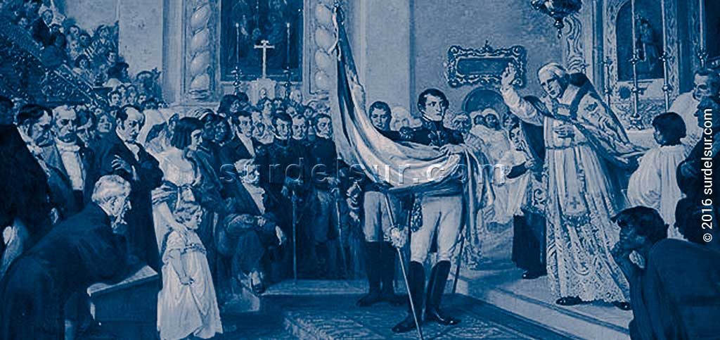 Belgrano sostiene la bandera que el padre Gorriti
