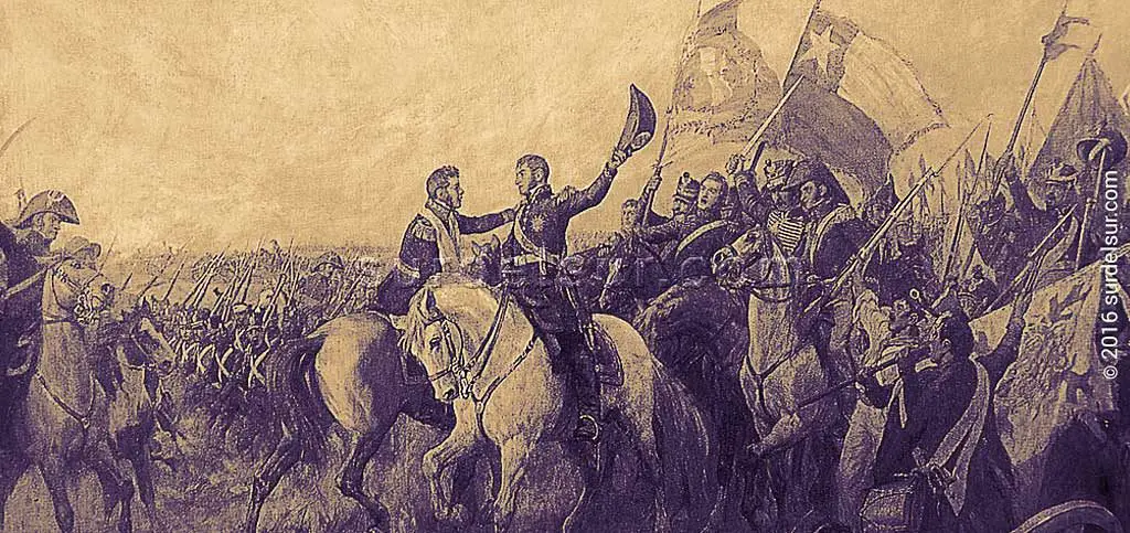 El "Abrazo de Maipú" entre José de San Martín y Bernardo O'Higgins tras la victoria en la Batalla de Maipú, el 5 de abril de 1818.