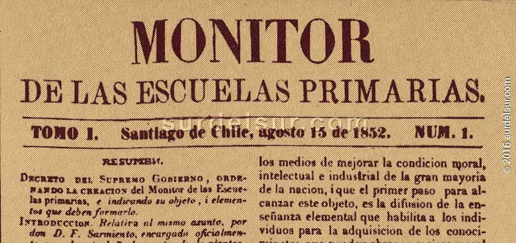 Portada del periódico El monitor de las escuelas, cuya redacción estaba a cargo de Sarmiento