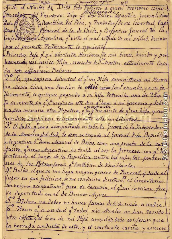 Testamento manuscrito de San Martín. del 23 de enero de 1844. Primera página
