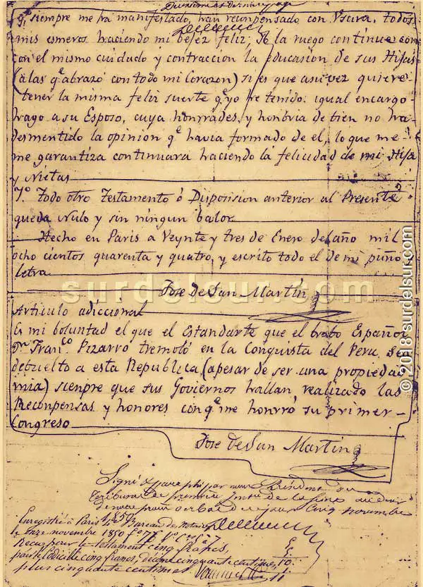 Testamento manuscrito de San Martín. del 23 de enero de 1844. Segunda página.