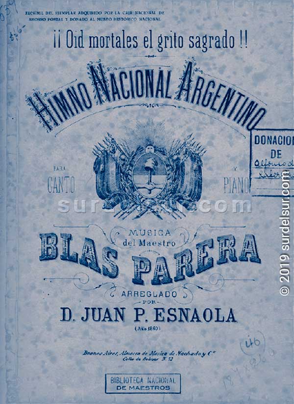 Partitura del Himno Nacional Argentino de Juan Pedro Esnaola, de 1860, actualmente en el Museo Histórico Nacional.
