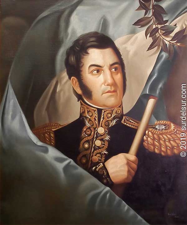 Retrato de don José de San Martín con la bandera de Argentina