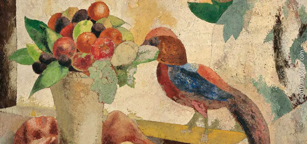 Pintura argentina a partir de 1920: Faisán con frutas. Pintura. Detalle. Alfredo Guttero