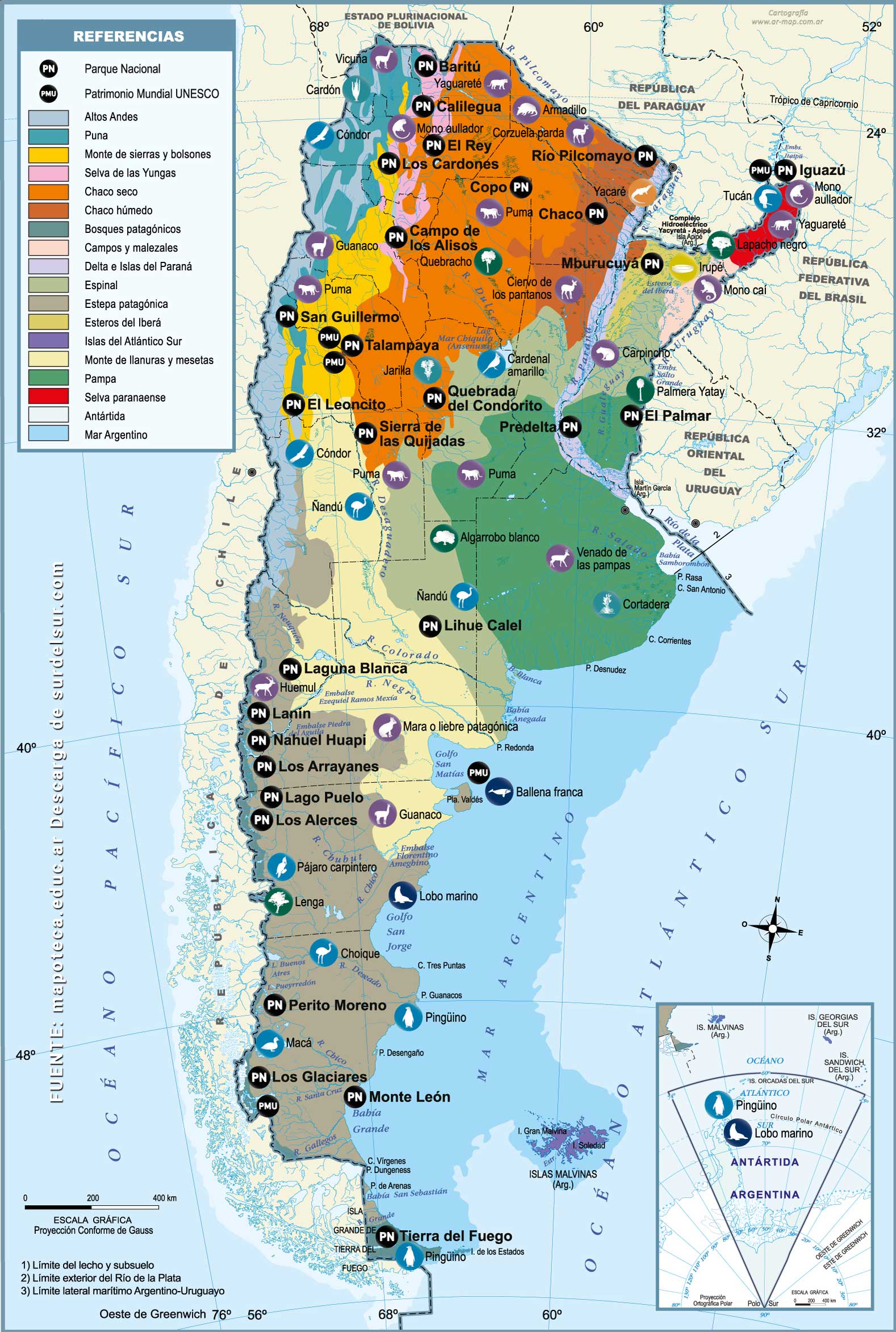 Mapa de Argentina ambiental
con flora y fauna emblemática. Además, contiene la ubicación de los Parques Nacionales y los sitios naturales distinguidos por la UNESCO como Patrimonio Mundial de la Humanidad