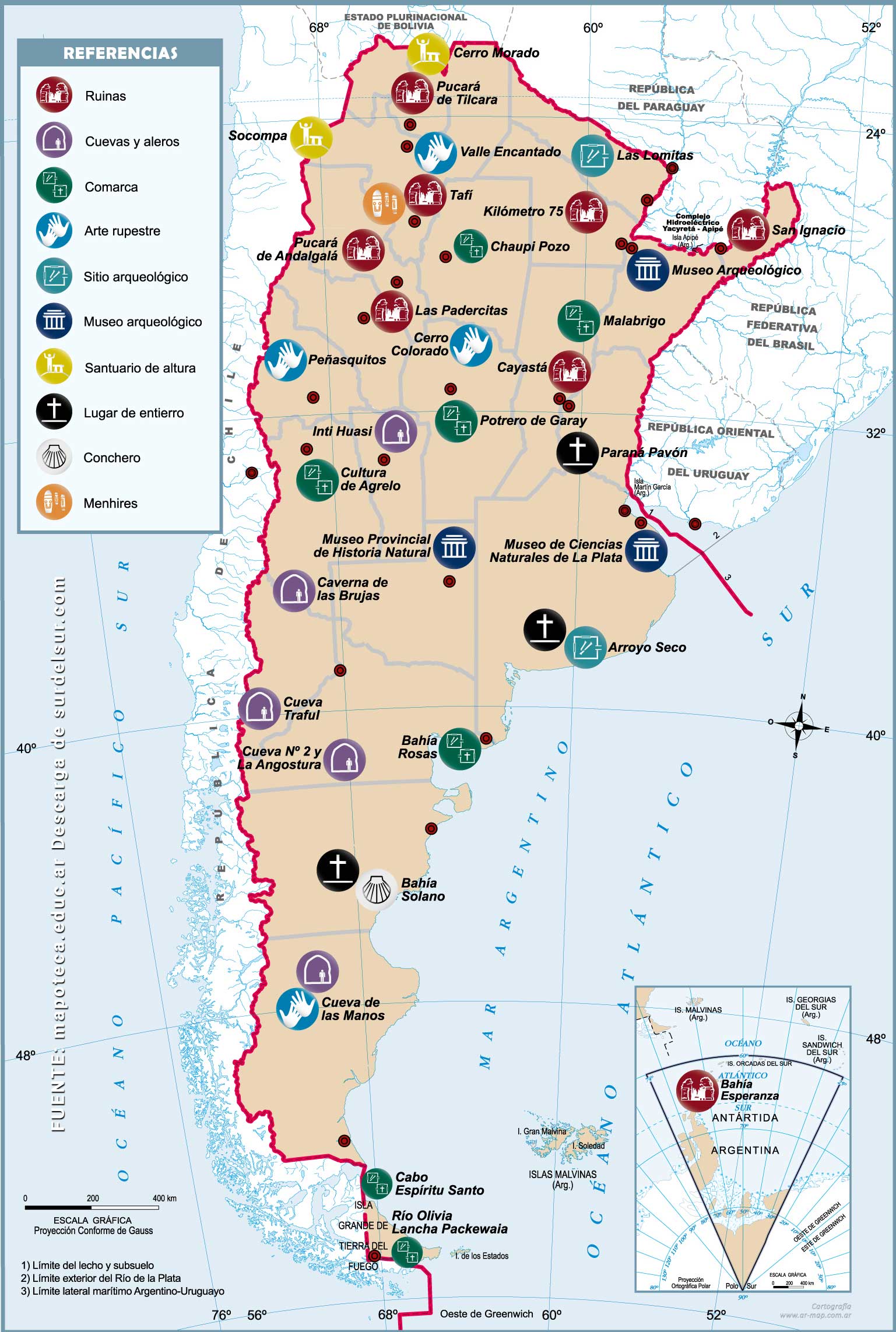 Mapa de arqueológico de Argentina con la la ubicación de ruinas, menhires, cuevas, arte rupestre, santuarios de altura, lugares de entierro, conchero, comarcas, sitios y museos arqueológicos. 