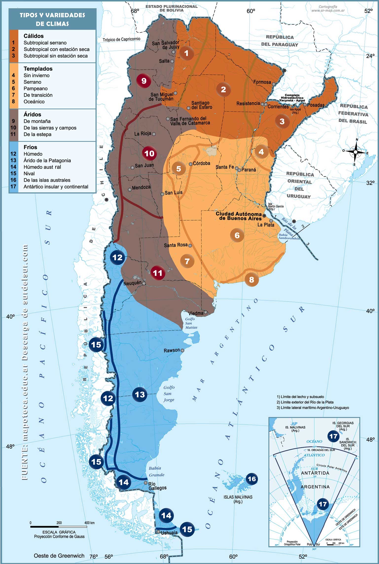 Mapa de variedad de climas de Argentina: cálido, templado, árido y frío con 17 variedades diferentes