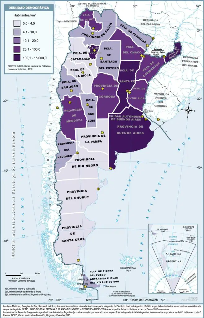 Mapa demográfico de Argentina, con densidad por provincia indicada por color. Datos del Censo Nacional de Población, Hogares y Viviendas de 2010 del INDEC