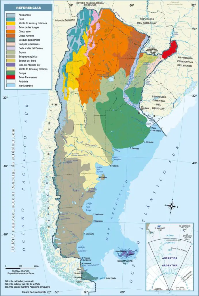 Mapa de Argentina de ecoregiones  define 18 ecorregiones del territorio argentino, marcadas con color.