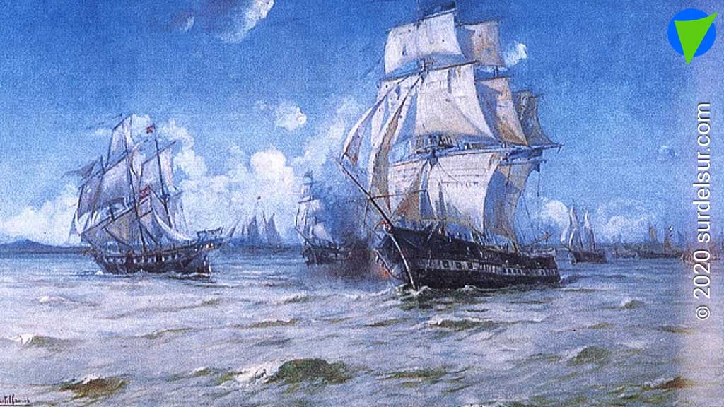 Combate del Buceo, 17 de Mayo de 1814. (1925) Oleo de Roberto Castellanos (1871-1942) Pintor marinista uruguayo. Estudió en Florencia.  Escuela Naval Militar