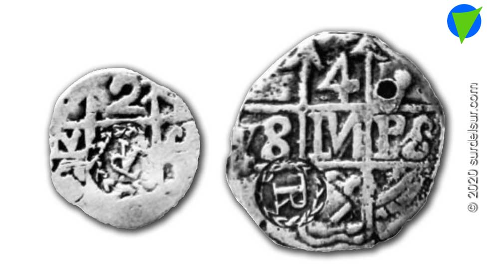 Monedas de 2 y 4 reales, con la contramarca "Patria" de 1817. Llamadas macuquinas se acuñaban a mano.