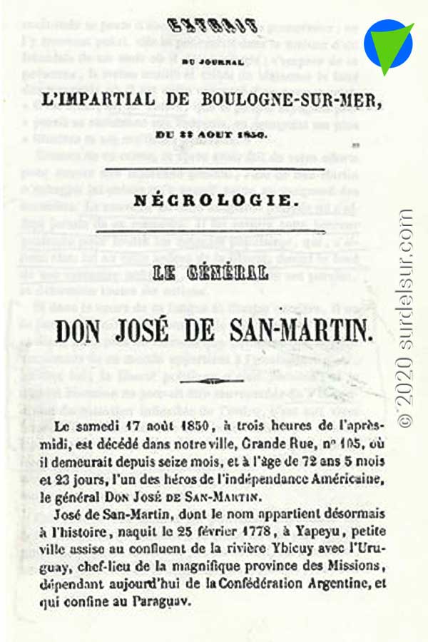 Necrológica de San Martín en el L'impartial de Boulogne Sur Mer. Número 121 del 22 de agosto de 1850.