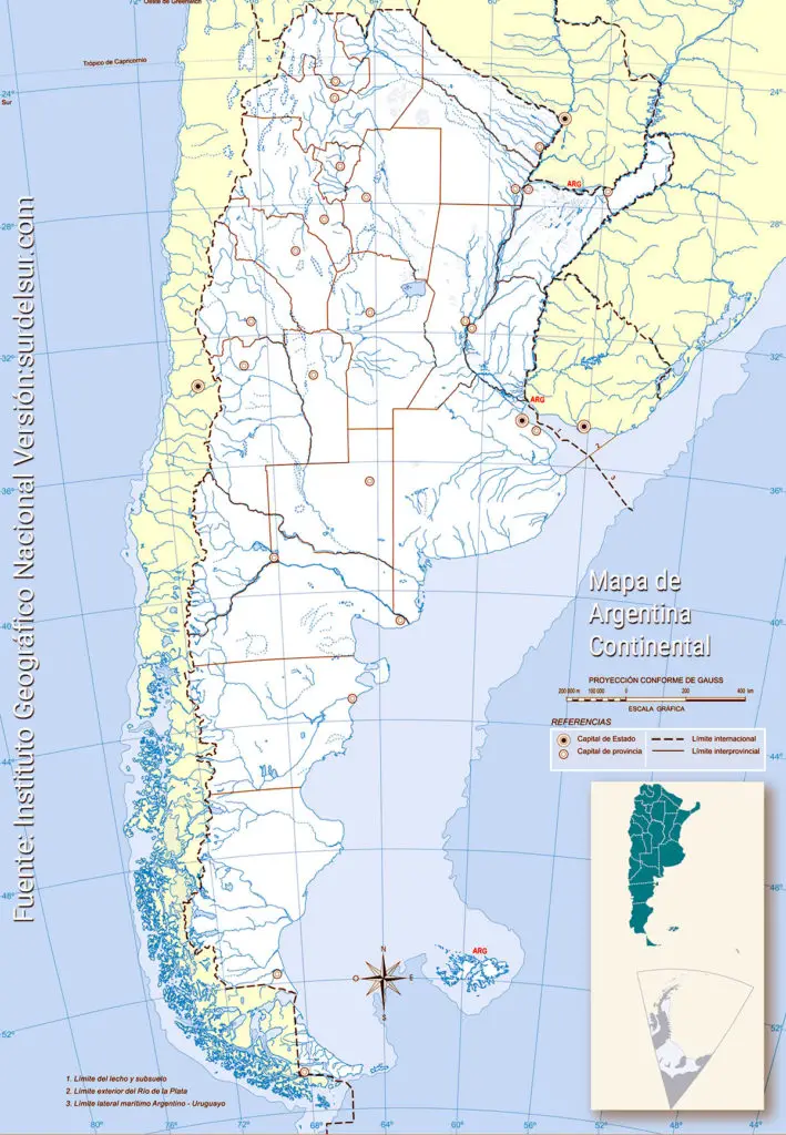 Mapa de Argentina físico y político continental. Con división política en provincias y sus capitales. Países limítrofes. Ríos y afluentes.