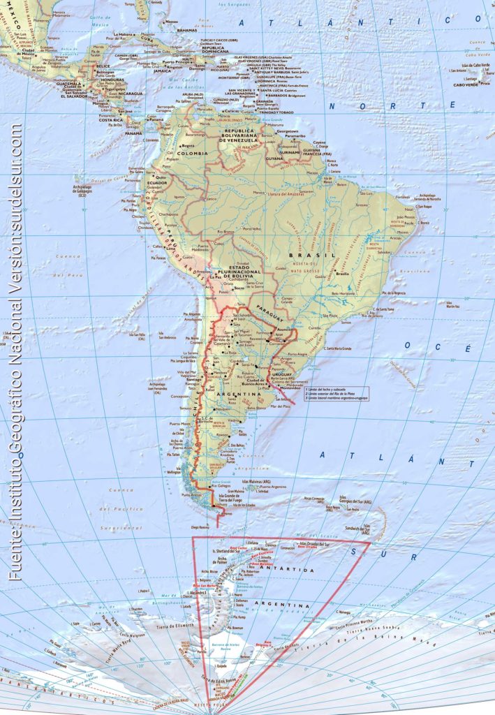 Mapa de Argentina, ubicada al sur de América del Sur.