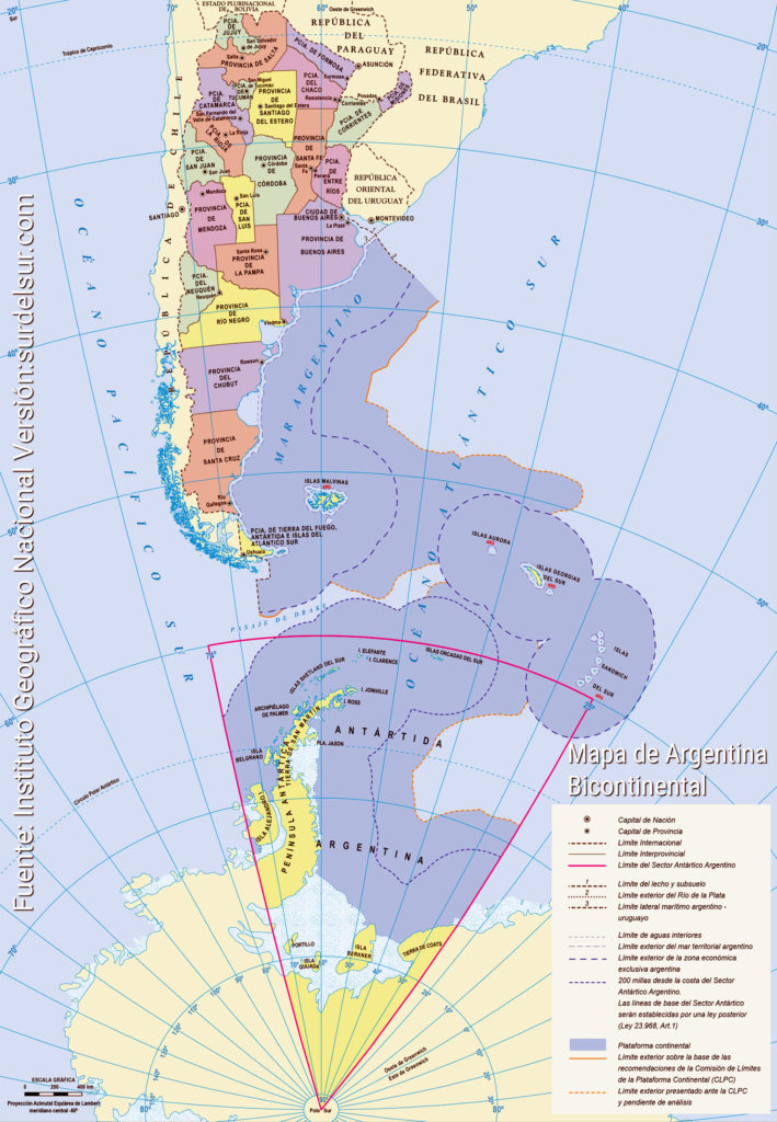 Mapa de Argentina político bicontinental con la división en provincias