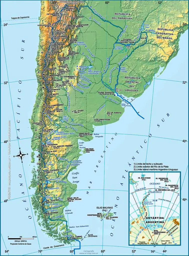 Mapa físico con la hidrografía de Argentina: Principales ríos y afluentes