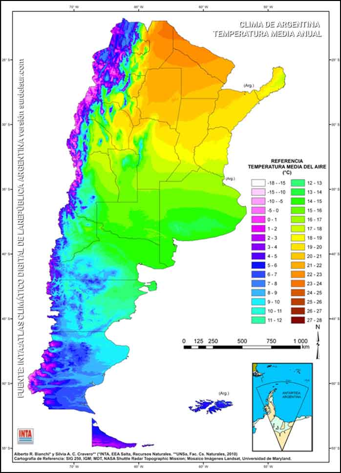 Mapa de climas de Argentina, temperatura media anual