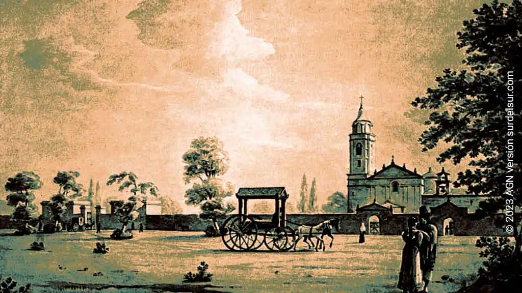 La Recoleta en 1830. Cementerio de la Recoleta, junto a la iglesia.