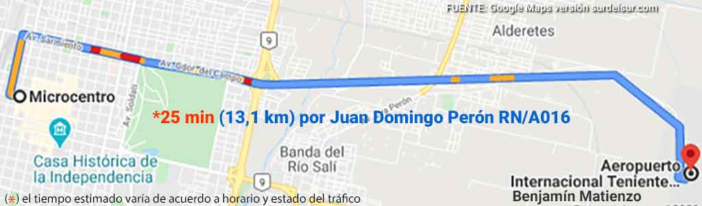 Plano con distancia del microcentro al Aeropuerto de San Miguel de Tucumán