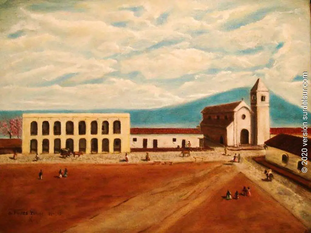 Plaza Mayor y Cabildo en 1812. Pintura. San Miguel de Tucumán