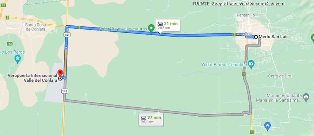 Mapa de cómo llegar a Merlo desde el aeropuerto Valle de Conlara.