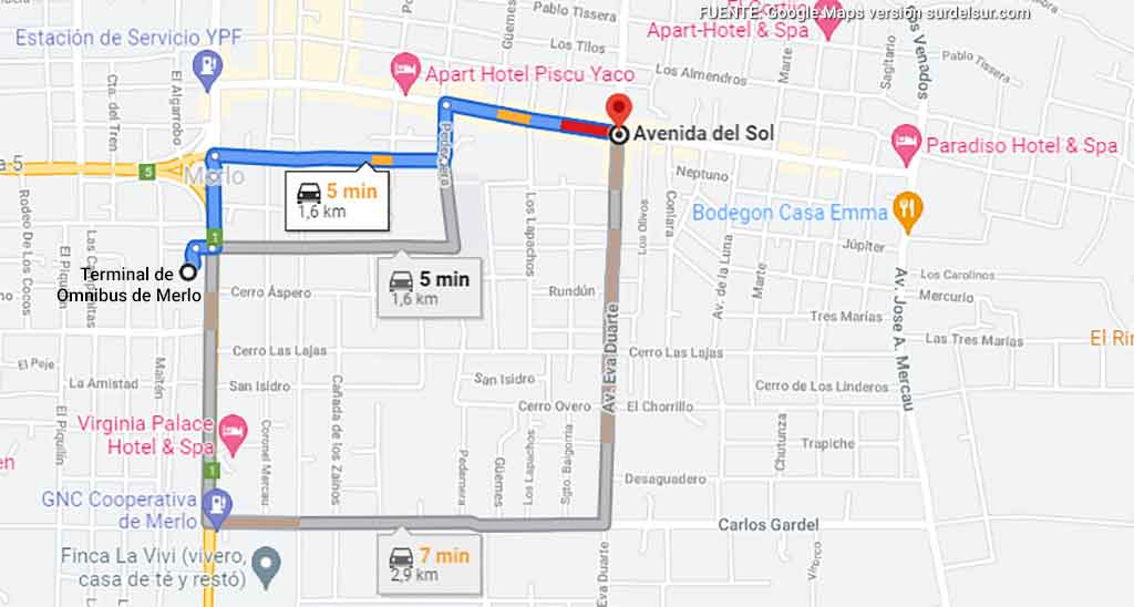 Mapa de cómo llegar al centro de Merlo en Av del Sol, desde la Terminal de Omnibus de Merlo