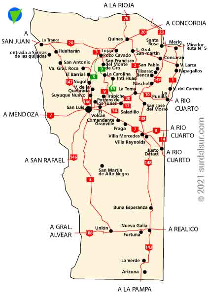 Mapa  de San Luis, con las rutas de acceso a la provincia, principales rutas nacionales y provinciales